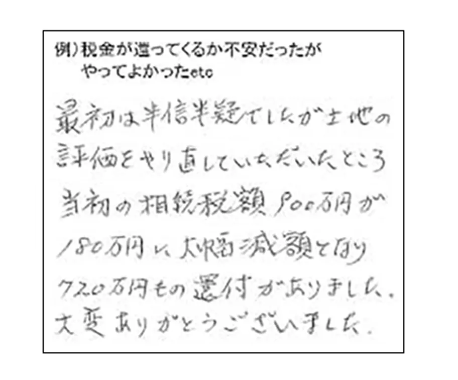 最初は半信半疑でしたが、土地の評価をやり直していただいたところ、当初の相続税額900万円が180万円に大幅減額となり720万円もの還付がありました。大変ありがとうございました。