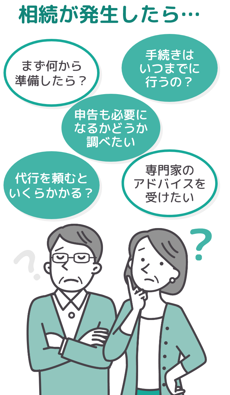 相続が発生したら・・・まず何から準備したら？手続きはいつまでに行うの？申告も必要になるか調べたい、代行を頼むといくらかかる？専門家のアドバイスを受けたい、など、悩む相続人のイラスト