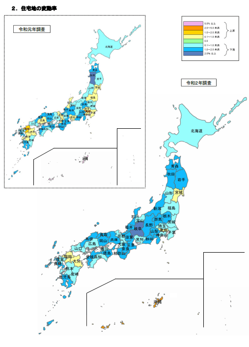 都道府県別の住宅地の地価変動率。地価は、ほとんどの県で下落傾向。