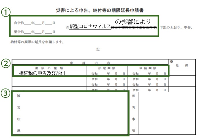 新型コロナウィルスの災害による申告、納付等の期限延長申請書記載例