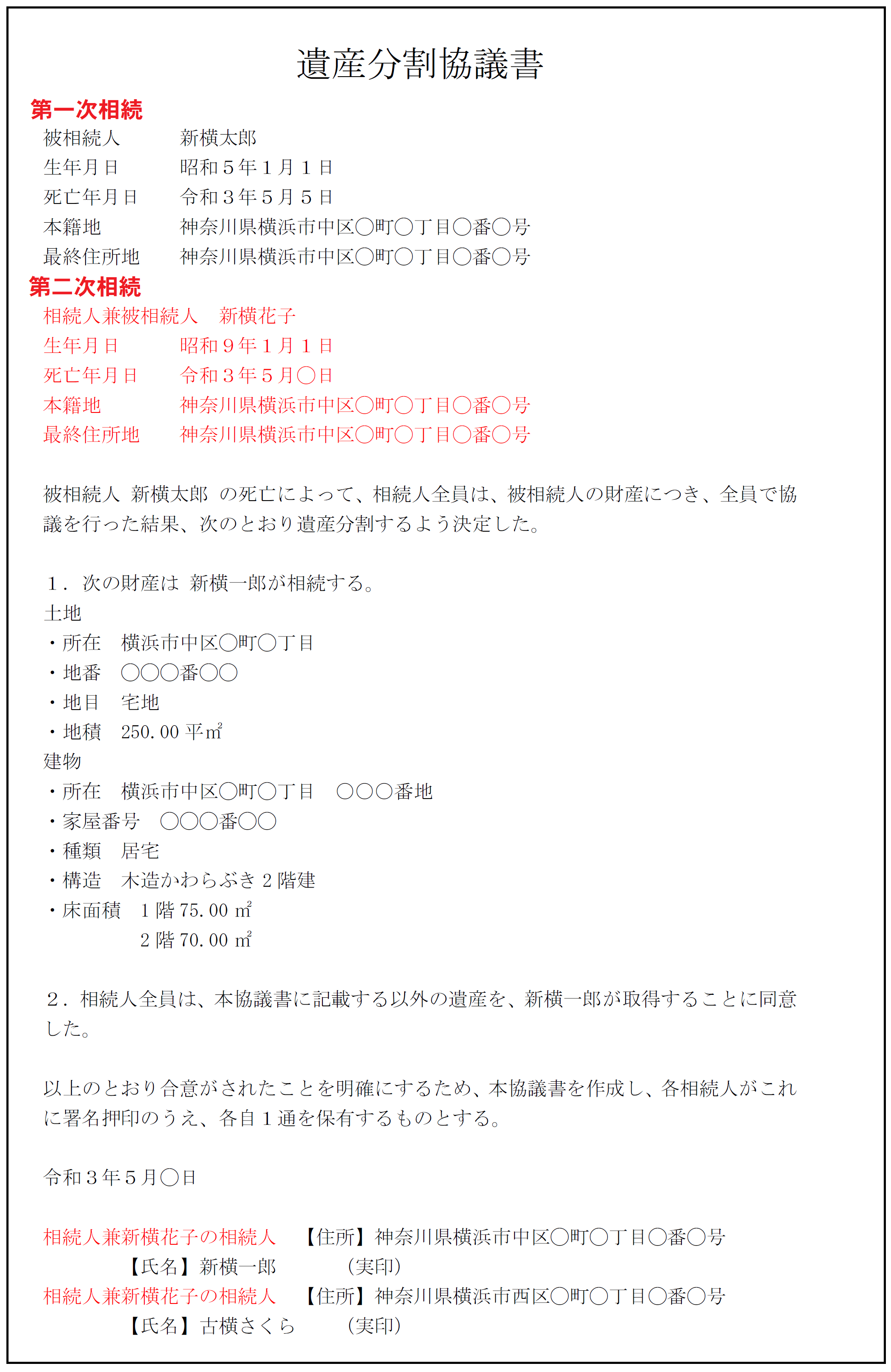 相似相続があるときの遺産分割協議書の文例集