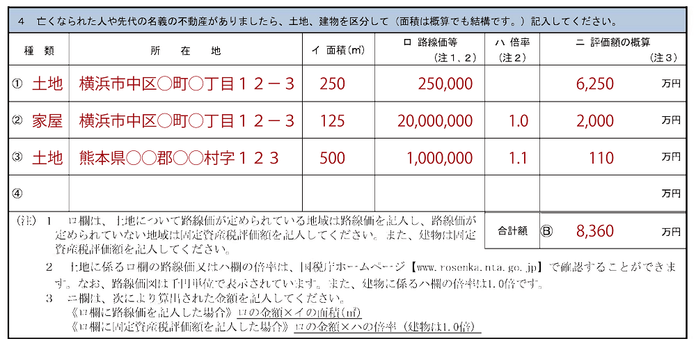 相続税申告要否検討表の土地財産部分の記入例