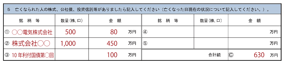 相続税申告要否検討表の株式記入例