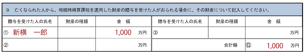 相続税申告要否検討表、贈与欄の記入例