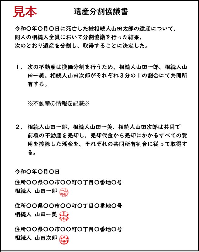 遺産分割協議書書き方見本(共同名義)