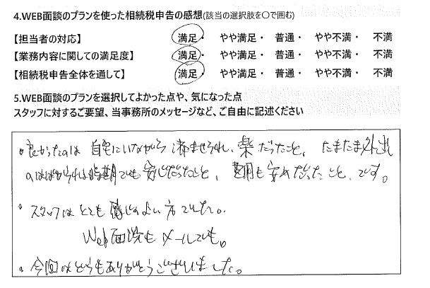 良かったのは自宅にいながら済ませられ楽だったこと、たまたま外出のはばかれる時期でも安心だったこと。費用も安めだったことです。スタッフはとても感じのよい方でした。Ｗｅｂ面談もメールでも。今回はどうもありがとうございました。