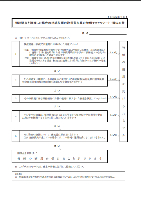 譲渡した場合の相続税額取得費加算の特例チェックシート